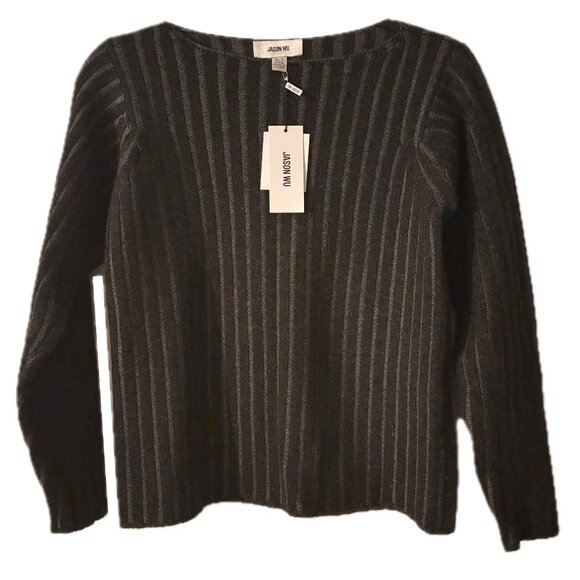 Jason Wu Ribbed Pattern Knit Cashmere Sweater Black Gray Boat Neck Womens S New - Picture 1 of 8